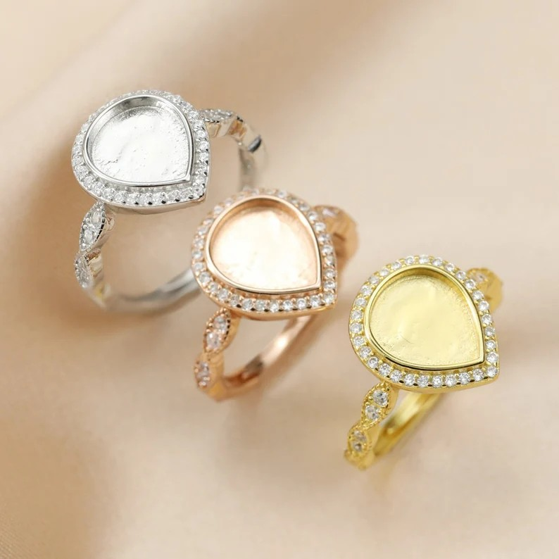 Pear 8x10mm with Moissanite Diamonds Ring-925 Sterling Silver (#1294280)