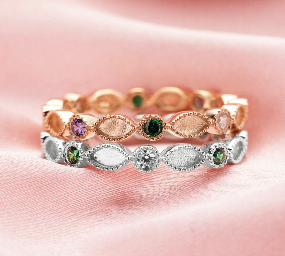 Multiple Birthstones-Full Band 2x4mm Bezel with 2mm Birthstone Ring-925 Sterling Silver (#1294682)